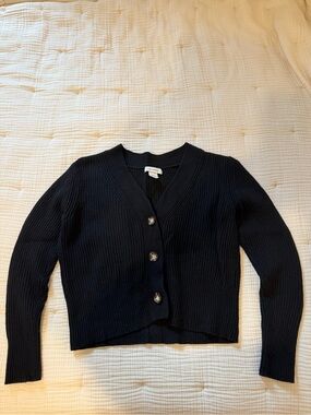 Club Monaco Black Ribbed V-Neck Button Cardigan Sweater